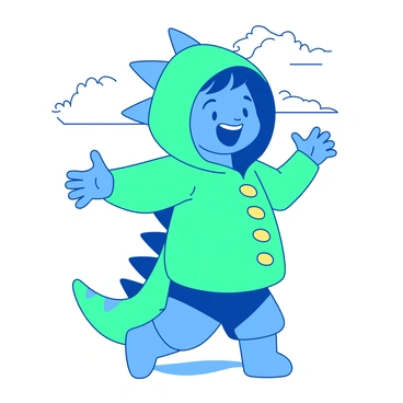 A blue child is wearing a green dinosaur-themed hoodie that has spikes running down the back. The child's face is filled with joy, and they are standing in a playful pose with arms outstretched. The hoodie features bright yellow patterns resembling dinosaur scales, and the hood is pulled up, which frames the child's face. The background shows a sunny day with a few fluffy white clouds, emphasizing the cheerful atmosphere.