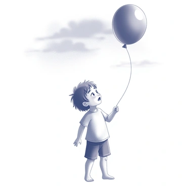 A child standing with their body slightly turned, gazing upward with an expression of awe. The child has tousled hair, and they are wearing a simple shirt and shorts. In their right hand, they are holding a balloon that is inflated and floating above them. The balloon's string is loosely grasped in their fingers. The sky above is expansive, with hints of clouds visible, forming a vibrant backdrop to the child's wonder. The child’s face is filled with curiosity as they look toward the sky.