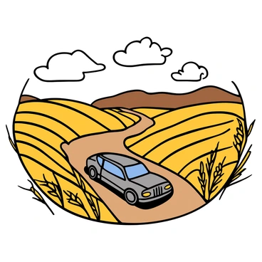 A car with a sleek design and shiny metallic paint driving away across vast open fields of golden wheat. The sky above is bright with a few fluffy white clouds scattered across it. The wheat is tall and swaying gently in the breeze, creating a sea of movement surrounding the car. The path the car is traveling on is dusty and winding, leading toward a distant horizon lined with gentle hills.