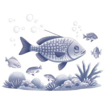 A grouper swimming gracefully underwater. The grouper is large, with a robust body covered in distinctive patterns and textures. Surrounding it are several reef fish of different species, each displayed in various sizes and shapes. Some of the fish exhibit elaborate fin structures, while others have unique body forms that enhance the underwater scene. The marine environment features elements such as corals, seaweed, and rocky outcrops, creating a vibrant habitat for the fish. Bubbles rise from the grouper's movement, adding dynamic elements to the underwater composition.