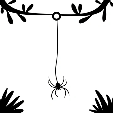 A single strand of spider silk hanging delicately between two branches, illuminated by a source of light above. The silk appears translucent and shimmering, catching glimmers of light as it sways gently in the air. Subtle details of the branches reveal a rough texture and small leaves surrounding the silk. The background features soft, blurred outlines of a garden, providing context to the scene.