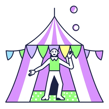 A metallic figure resembling a tin man is juggling three balls inside a circus tent. The tent features a striped pattern and is held up by tall, thin poles. The tin man is positioned in the center, with a shiny surface reflecting light. His arms are extended upwards, and he has a cheerful expression on his face. The balls he is juggling are distinct in shape and size, hovering above him in mid-air. The ground beneath him is covered with a patterned mat, and colorful banners hang from the poles surrounding the tent.