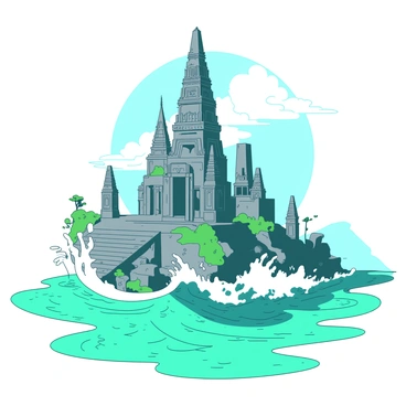 An ancient sea temple rises majestically from the ocean waves. The temple is constructed from weathered stone, with intricate carvings and moss growing on its surface. The structure has tall spires that stretch upwards, some partially submerged in the water. Surrounding the temple, turquoise waves crash energetically, splashing against the base. White foam is created as the waves break, creating a dynamic scene around the steadfast temple. In the sky above, the sunlight breaks through clouds, casting a soft light over the entire scene, highlighting the temple's grandeur amidst the natural chaos.