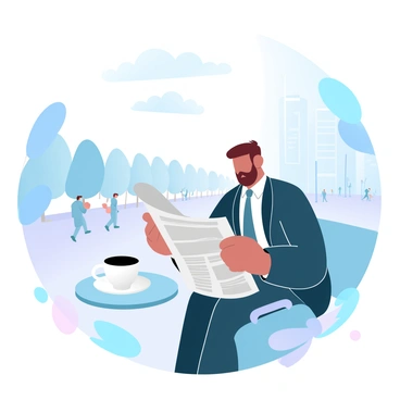 A broker with a neatly styled suit is sitting at a small outdoor café table while reading the stock market section of a newspaper. The broker has a focused expression as he scans the pages. Surrounding him are various elements of a bustling city suburb, including people walking by, a row of trees lining the street, and the outline of nearby buildings in the background. The café table is adorned with a coffee cup and an open briefcase beside the broker, emphasizing the busy atmosphere of urban life.