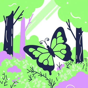 A butterfly with intricate wing patterns is flying gracefully through a lush forest. The scene features towering trees with thick trunks and vibrant green leaves that form a dense canopy overhead. Sunlight filters through the branches, casting dappled shadows on the forest floor, which is scattered with various plants and small flowers. The butterfly flutters near a cluster of ferns, capturing the essence of its exploration amidst the rich greenery.