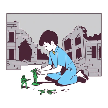 A young child is kneeling on the ground, focused intently on a small green toy soldier in their hands. The child has short brown hair and is wearing a blue shirt with a yellow collar. Around the child, there are crumbled and dilapidated buildings, with exposed brick and shattered windows, creating a stark scene of destruction. The sky above is a muted gray, adding to the atmosphere. Scattered debris and remnants of war are visible in the foreground, emphasizing the contrast between the innocent play and the harsh surroundings.