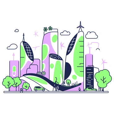 A futuristic cityscape featuring a variety of unique buildings with sleek, green designs. The skyline is dominated by tall structures with flowing shapes, incorporating gardens and vertical greenery on the façades. Large solar panels are installed on the roofs and wind turbines are visible on various buildings, harnessing renewable energy. In the foreground, there is a bustling street with people walking and futuristic vehicles smoothly gliding by. The sky is clear, allowing for ample sunlight to illuminate the vibrant city.
