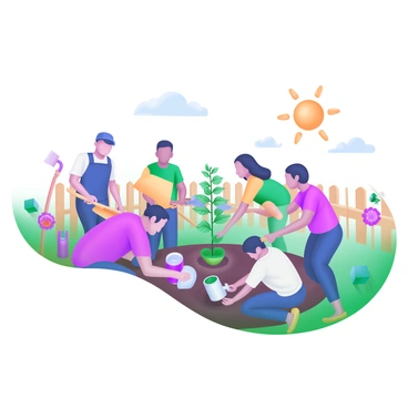 A vibrant scene depicting a group of diverse people planting young trees together in a community garden. The individuals, including men and women of various ages and ethnicities, are engaged in the activity, using shovels and watering cans. In the background, there are colorful flower beds and a wooden fence surrounding the garden. Some people are kneeling in the soil while others stand, giving instructions or handing over tools. Above them, the sun shines brightly, casting soft shadows on the ground. The scene conveys a sense of teamwork and community spirit.