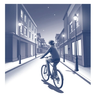 A woman riding a bicycle down a deserted street. The street is illuminated by vintage-style streetlights, casting shadows on the pavement. The cyclist wears a fitted jacket and a helmet, with her hair tied back. The buildings on either side of the street have a mixture of architectural styles, some with large windows and balconies. The night sky above is clear with a few visible stars. The overall atmosphere conveys a peaceful, quiet scene in the city at night.