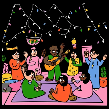 A sangeet night scene with family members gathered together under a canopy of shimmering fairy lights. There are several light-skinned women with big eyes wearing colorful traditional outfits, twirling and dancing joyfully. A dark-skinned man with big eyes is playing a guitar, adding to the lively atmosphere. Another light-skinned man with big eyes is singing, clapping his hands in rhythm. In the background, there are vibrant decorations, including floral arrangements and festive banners. The ground is adorned with bright cushions and rugs where other family members are sitting and enjoying the performance.