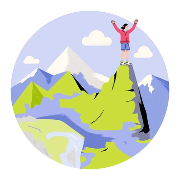 A woman standing at the summit of a tall mountain, wearing a bright red jacket and sturdy hiking boots. Her hair is blowing in the wind as she raises her arms in triumph. Below her, a vast landscape stretches out, featuring green valleys, rocky cliffs, and a winding river that sparkles in the sunlight. Fluffy white clouds float in the blue sky, and distant peaks are visible on the horizon. The scene conveys a sense of achievement and adventure.