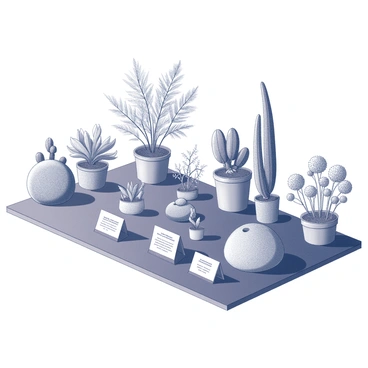 A collection of various plant species arranged on display. Each plant is labeled with detailed information about its species and characteristics. The plants vary in size and form, featuring leafy shrubs, flowering plants, and small trees. Some of the labels are neatly positioned in front of their respective plants, providing botanical names and descriptions. The setting has a structured layout, typical of a botanical garden, with clear paths separating different sections of the plant collection.