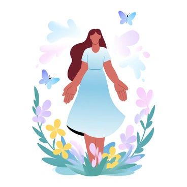 A girl with long hair is standing in a meadow filled with colorful wildflowers. She is wearing a flowing dress that blends harmoniously with the hues of the flowers around her. Numerous butterflies of various sizes and colors are fluttering around her, creating a sense of movement in the scene. The meadow is vibrant, with a diverse range of wildflowers blooming in shades of purple, yellow, and pink. The sky above is a soft gradient, enhancing the overall pastel color palette of the image.