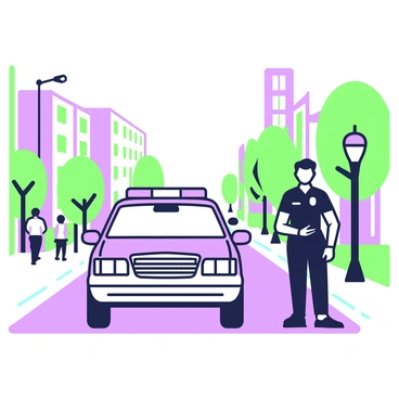 A police officer on patrol, standing next to a patrol car on a city street