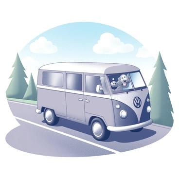 A Volkswagen van parked on the side of a road, featuring a distinct boxy shape. The van has its window rolled down, and a happy dog with floppy ears is sticking its head out of the window. The dog's tongue is lolling out, and its eyes are wide with excitement. The scene includes a blue sky with fluffy clouds in the background. The road is surrounded by green trees, adding to the sense of a fun road trip.