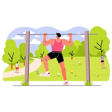 An athlete performing pull-ups on a horizontal bar situated in a park. The athlete has a toned physique and is wearing a bright red tank top and black shorts. The pull-up bar is metallic and positioned between two sturdy wooden posts. In the background, there are green trees with dense foliage and a blue sky dotted with fluffy white clouds. A few people can be seen in the distance walking along a paved path, enjoying the sunny day. The park is vibrant with grass and colorful flowers scattered around the area.