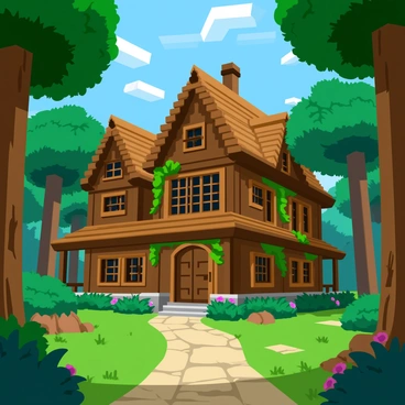 A grand woodland mansion constructed from dark oak wood is nestled among tall, green trees in Minecraft. The mansion features large, intricately designed windows and multiple levels, with a steep roof made of wooden slabs. Vines climb up the sides of the mansion, and the entrance is adorned with wooden pillars. Sunlight filters through the leafy canopy, casting dappled shadows on the forest floor, which is covered in patches of grass and flowers. A path made of cobblestone leads up to the front door, enhancing the inviting atmosphere.