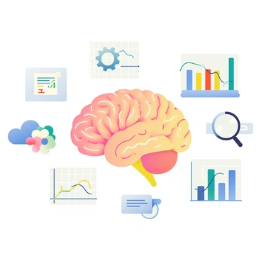 An AI brain surrounded by icons and graphs representing machine learning processes