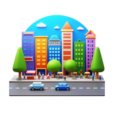 A vibrant cityscape featuring a variety of colorful buildings in different architectural styles. The streets below are filled with people walking, some carrying shopping bags, while others are stopping at food stalls. There are cars and bicycles navigating through the streets, and street vendors are setting up their stands, adding to the lively atmosphere. Tall trees line the sidewalks, providing shade to pedestrians. In the background, a clear blue sky contrasts with the dynamic colors of the buildings.