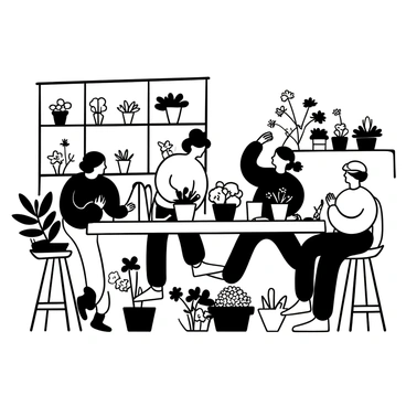 A small group of people gathered around a large table covered with various flowers and tools for floral arrangement. They are actively engaged in creating their own arrangements, with some selecting flowers from a nearby shelf filled with colorful blooms. In the background, several potted plants are displayed on shelves, and there are ribbons and vases scattered around the workspace. The atmosphere is bustling with creativity as they work on their floral designs.