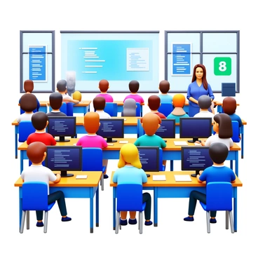 A classroom filled with students seated at individual desks. Each student is focused on their desktop computer, which displays lines of code on the screen. The students are of diverse backgrounds, showcasing a mix of genders and ethnicities. Some students are typing intently, while others are discussing their work with classmates. The classroom is equipped with educational posters related to programming and technology displayed on the walls. There is a teacher at the front of the room, guiding the lesson and interacting with the students. Bright natural light comes through the windows, creating a vibrant learning environment.