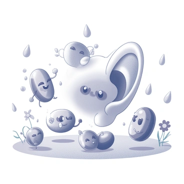 A group of cartoon-style bacteria, each with playful and mischievous expressions, are depicted engaging in antics that suggest the causing of otitis media. They are small, round, and have exaggerated features like big eyes and wide grins. The bacteria are shown interacting with a large, stylized ear, with some of them making playful gestures towards it. The environment is bright and lively, filled with whimsical elements such as oversized raindrops and flowers, enhancing the playful mood of the scene.