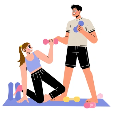 A couple working out together in a bright and colorful gym. The woman has long brown hair tied in a ponytail, wearing a light blue tank top and black leggings. She is positioned on one knee, performing a dumbbell row with a pink dumbbell in her right hand. The man has short black hair, wearing a gray t-shirt and dark shorts. He is standing beside her, also performing a dumbbell row with a blue dumbbell in his left hand. Both are focused, with their muscles engaged and smiles on their faces. A workout mat and a set of other dumbbells are visible in the background.