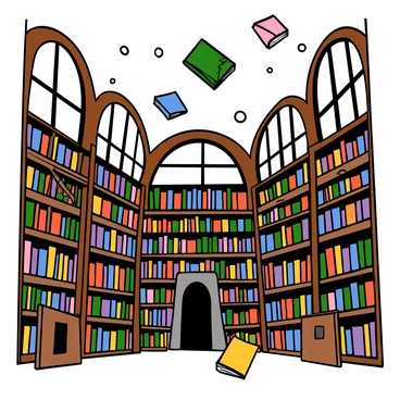A grand library with high arched ceilings and towering bookshelves filled with colorful books. There are intricate wooden ladders leaning against the shelves for reaching higher books. Secret doors are subtly integrated into the walls, some slightly ajar, hinting at hidden passages. Several books are floating gently in the air, their pages slightly open as if caught in a soft breeze. Soft, warm light filters through tall windows, illuminating the scene and highlighting the dust motes in the air.