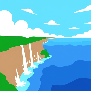 A panoramic view from the edge of a flat Earth, showcasing an expansive horizon that stretches into the distance. In the foreground, a cliff drops sharply, revealing multiple waterfalls cascading off the edge, creating misty sprays as they plunge into the unknown below. The waterfalls are depicted with shimmering blue and white water, surrounded by lush green vegetation at the cliff's edge. The sky above is a vibrant blue with fluffy white clouds scattered throughout, adding depth to the scene.