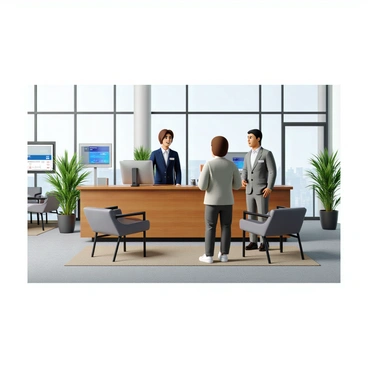 A modern bank office featuring sleek, minimalist design elements and large glass windows allowing natural light to flood the space. There is a friendly teller with short brown hair, wearing a dark blue blazer and a name tag, standing behind a polished wooden counter. The teller is smiling and assisting a customer, who is a middle-aged man in a light gray suit, holding an application form in one hand and looking engaged in conversation. The office has comfortable seating areas with contemporary chairs, potted plants, and digital screens displaying bank information in the background.