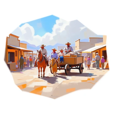 A pioneer family is arriving at a bustling gold rush town. The family consists of a father, mother, and two children, all dressed in period-appropriate clothing. They are standing beside a wooden wagon that is filled with various belongings, such as blankets, tools, and small wooden crates. The wagon is drawn by a pair of sturdy horses, which are tied to the front. Surrounding them are other pioneers and townsfolk, with some people engaged in bartering while others are setting up tents and stalls. In the background, several wooden buildings, including a saloon and a general store, line the dirt road, creating a lively atmosphere. The sky is clear with a few clouds, indicating a bright day ahead.