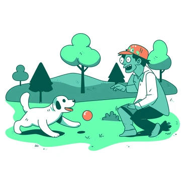 A teal zombie with a friendly expression is crouched down, holding a bright orange ball in its hand. The zombie is wearing a tattered white shirt and has various playful accessories, such as a colorful hat. A small dog, with a fluffy white coat and wagging tail, is eagerly running towards the zombie to retrieve the ball. The park is filled with green grass and a few scattered trees in the background, creating a lively atmosphere for their game of fetch.