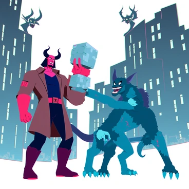 Hellboy fighting a monstrous creature in a dark, gothic cityscape.