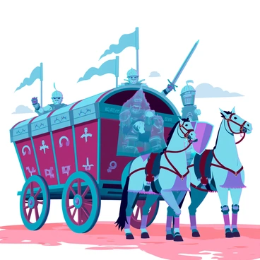 A large medieval battle wagon, ornately decorated with intricate carvings and banners, stands ready on a dusty battlefield. The wagon is drawn by a pair of sturdy horses, their muscles tense, preparing to charge. Around the wagon, several warriors are gathered, wearing chainmail and leather armor, each proudly showcasing their gauntlets. One warrior, with a fierce expression, raises a sword high in the air, while another stands with a shield raised defensively. The warriors are positioned in dynamic stances, exuding a sense of readiness for combat. The sky above is overcast, hinting at an impending clash.