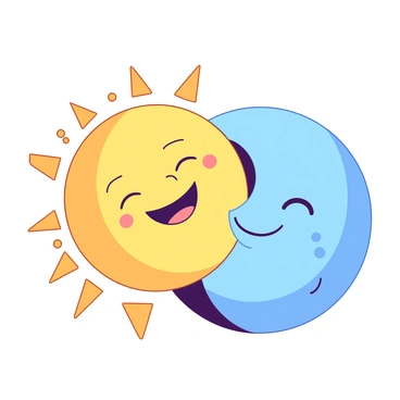 A bright yellow sun is on the left side of the image, its rays extending outward and casting a warm glow. The sun has a smiling face, with cheerful eyes and a wide grin. On the right side, a soft blue moon occupies its half of the image, with a calm expression and closed eyes. The moon has a gentle smile that complements the sun's joy. The two celestial bodies seamlessly blend into each other at the center, with the sun's bright rays contrasting against the moon’s cool tones, creating a harmonious balance.