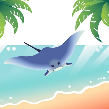 A manta ray with a wide wingspan is gliding gracefully through clear turquoise water near a tropical shoreline. The manta ray is a deep blue color, and its underside is a lighter shade, contrasting beautifully against the water. The shoreline features soft, golden sand that is partially wet from the gentle waves lapping at its edge. In the background, lush green palm trees frame the scene, swaying slightly in the warm breeze. The sunlight casts shimmering reflections on the water surface, enhancing the tranquil atmosphere of the setting.