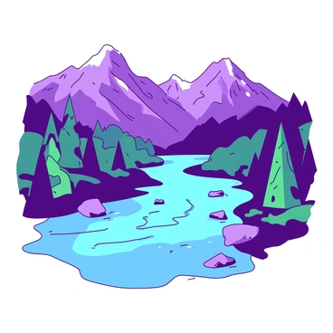 A blue river flows gently through a valley surrounded by majestic purple mountains. The water sparkles under sunlight as it winds its way through the lush green banks. On either side of the river, vibrant green trees rise, adding to the natural beauty of the scene. The mountains in the background are rugged and towering, their peaks capped with snow, contrasting beautifully with the serene river below. A few small rocks are scattered along the river's edge, enhancing the tranquil atmosphere.