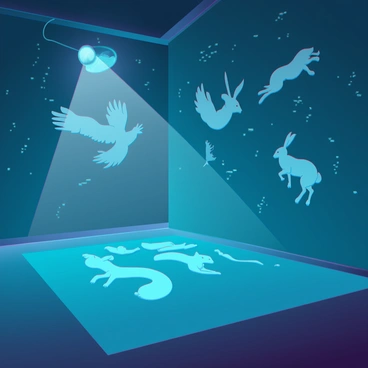 A dimly lit room with a small lamp casting light in one corner. The shadows on the wall reveal intricate outlines of various animals created by hands in different positions. The shadows include a soaring eagle with outstretched wings, a crawling snake, and a leaping rabbit, each distinctly defined. The hands are positioned strategically to create these detailed silhouettes, highlighting the contrast between the light and the darkness. The background is filled with subtle textures, emphasizing the focus on the shadows.