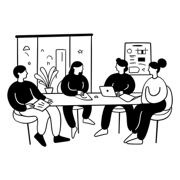 A group of young professionals sitting around a sleek, rectangular conference table in a modern office. There are four individuals, each engaged in discussion with notepads and laptops in front of them. The office has large windows displaying cityscape views in the background. A whiteboard with notes and diagrams is visible on one side of the room. A potted plant adds a touch of greenery to the atmosphere. "Brainstorming Session" is written on a sheet of paper placed in the center of the table.