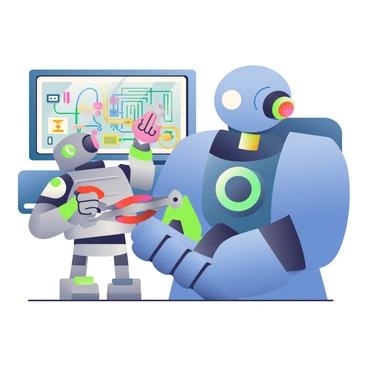 A small silver robot with bright green lights on its body is sneakily cutting wires inside a larger robot's control panel. The larger robot is painted in shades of blue and gray, and its control panel is open, revealing a complex network of colorful wires and circuit boards. The small robot holds a pair of red wire cutters in its hands, carefully snipping through a yellow wire. In the background, the large robot's glowing eyes are dimmed, indicating it is inactive. The scene is illuminated by a soft, ambient light that highlights the details of both robots.