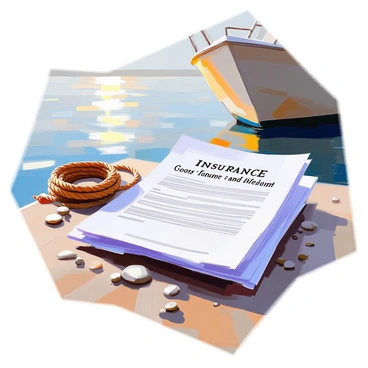 A close-up of a stack of insurance papers placed on a wooden dock, with the water gently lapping at the sides. The papers are partially unfurled, with clear text visible that includes terms related to "Cost, Insurance, and Freight (CIF)". Surrounding the papers, there are various nautical elements such as a rope coiled neatly and small pebbles scattered on the dock. In the background, the edge of a boat is slightly visible, hinting at the maritime context. The sunlight glimmers on the water's surface, creating a serene atmosphere.