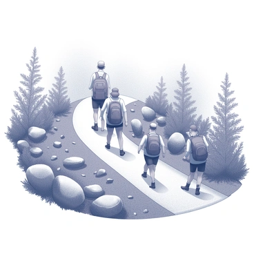 A group of hikers traversing a winding nature trail. The trail is bordered by dense foliage, with numerous plants and bushes that create a natural archway. Littered throughout the landscape are various-sized rocks, some jutting out of the ground while others are partially covered by the foliage. The hikers are equipped with backpacks and wear outdoor gear suitable for hiking. They appear focused and engaged in their surroundings while navigating the path.