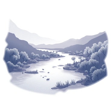 A river flowing steadily through a valley. The riverbanks are lined with a variety of plants and trees, creating a dense and vibrant environment. The water reflects the banks, creating a mirror-like surface. The valley is surrounded by gentle hills, adding depth to the landscape. In the scene, the flowing water appears dynamic, gently rippling as it moves downstream. Elements of wildlife, such as birds perched on the branches or fish visible in the water, can be seen, adding to the sense of life in this natural setting.