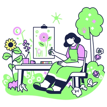 An artist is seated on a wooden bench in a flower garden filled with various blooming flowers. The garden features tall sunflowers, vibrant roses, and delicate daisies, creating a lively atmosphere. Next to the artist is an open illustration book displaying detailed sketches of different flower species. The artist, wearing a colorful apron, is focused on sketching a large flower in front of them using a green pencil. The sunlight filters through the leaves of nearby trees, casting dappled shadows on the ground. A small paint palette with different colors rests on the bench beside the book.