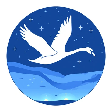 A white swan is soaring high in the sky, its wings spread wide as it glides gracefully. The swan is surrounded by a deep blue sky filled with twinkling stars that sparkle like diamonds. Below the swan, there is a gentle glow from the distant horizon, enhancing the calm atmosphere of the scene. The wings of the swan stand out sharply against the night sky, capturing the elegance of its flight.