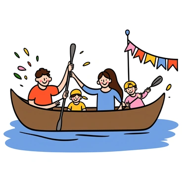 A family of four paddling together in a large canoe on a calm lake. The father has light skin and is wearing a red t-shirt, while the mother has light skin with long brown hair tied back and is wearing a blue dress. They are accompanied by two children: a boy with light skin wearing a yellow cap and a girl with light skin wearing a pink shirt. The family is smiling and actively paddling, surrounded by colorful decorations and flags from a nearby festival. The scene captures a sunny day with clear blue skies and gentle ripples on the water.