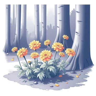 A patch of "calendula flowers" blooming vibrantly at the edge of a "dense forest". The flowers have bright, ruffled petals and are surrounded by green foliage. The forest behind is thick with tall trees, their trunks covered in bark. Sunlight filters through the canopy, casting dappled shadows on the ground. There are scattered pieces of foliage and underbrush that enhance the wild appearance of the scene. The ground is uneven, with patches of earth visible between the clusters of flowers.