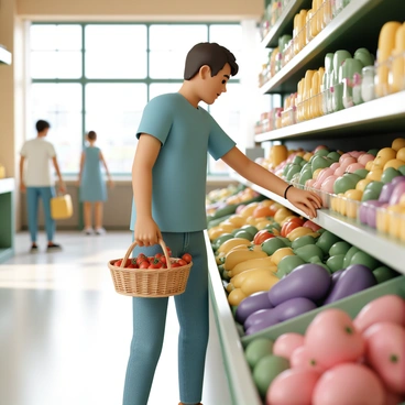 A shopper, wearing a blue t-shirt and denim jeans, stands in the produce section of a vibrant grocery store. The shopper is reaching for ripe red tomatoes and placing them into a woven basket. The grocery store is filled with colorful fruits and vegetables, including bright green bell peppers, yellow bananas, and purple eggplants, neatly arranged on the shelves. The background shows other shoppers and an array of grocery items, creating a lively atmosphere. Sunlight filters through the large windows, illuminating the fresh produce and adding warmth to the scene.