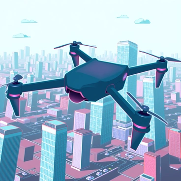 A sleek drone with a glossy black finish and intricate propeller design is flying high above a sprawling cityscape. The city below features a mix of modern skyscrapers with reflective glass surfaces and older buildings with brick facades. The drone's high-resolution camera is pointed downward, capturing detailed images of the streets bustling with vehicles and pedestrians. The sky is clear with a few wispy clouds, creating a bright backdrop for this aerial view. The sun casts sharp shadows of the buildings onto the ground, emphasizing the urban layout.