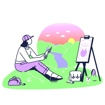 An artist is sitting on a grassy hilltop, sketching a landscape in front of them. They have medium-length hair and wear a casual shirt and pants, along with a cap. In their hands, they hold a sketchpad, where they are drawing the view before them. The landscape features rolling hills and a river winding through the valley below. The sky is filled with vibrant colors of the sunset, blending as the sun dips towards the horizon. Next to the artist, there is a small easel holding a canvas, and a backpack is resting on the ground beside them. A few art supplies, such as pencils and brushes, are scattered around.